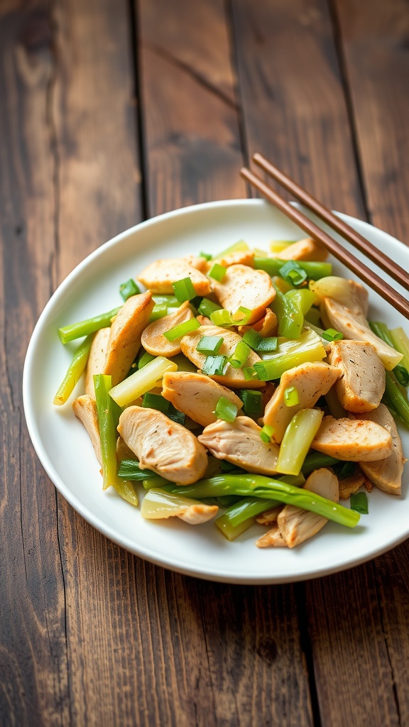 Whole30 Chicken and Cabbage Stir-Fry Recipe Whole30 chicken and cabbage stir-fry served on a white plate, garnished with green onions.